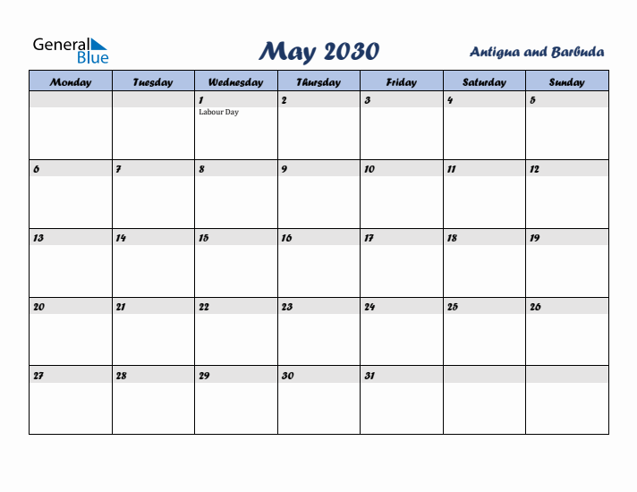 May 2030 Calendar with Holidays in Antigua and Barbuda