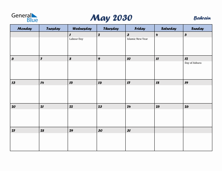 May 2030 Calendar with Holidays in Bahrain