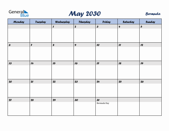 May 2030 Calendar with Holidays in Bermuda