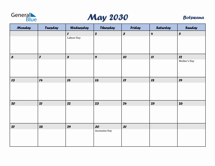 May 2030 Calendar with Holidays in Botswana