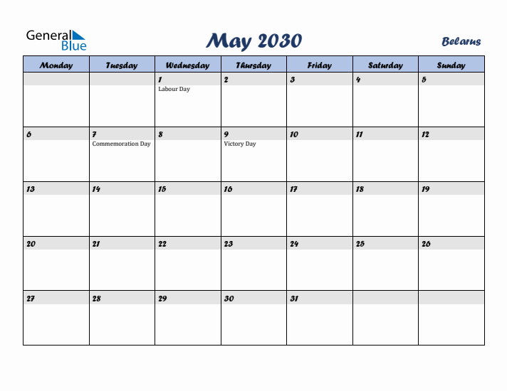 May 2030 Calendar with Holidays in Belarus