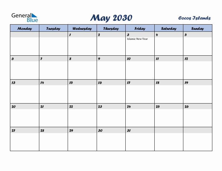 May 2030 Calendar with Holidays in Cocos Islands