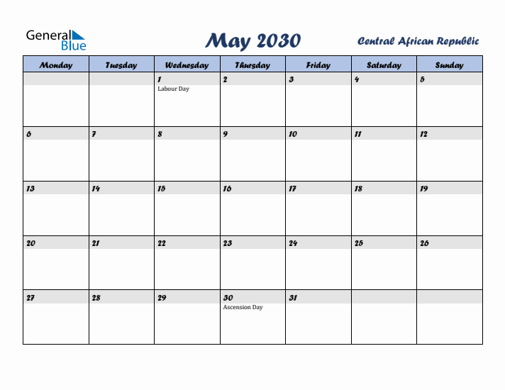 May 2030 Calendar with Holidays in Central African Republic