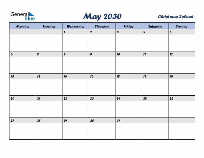 May 2030 Calendar with Holidays in Christmas Island