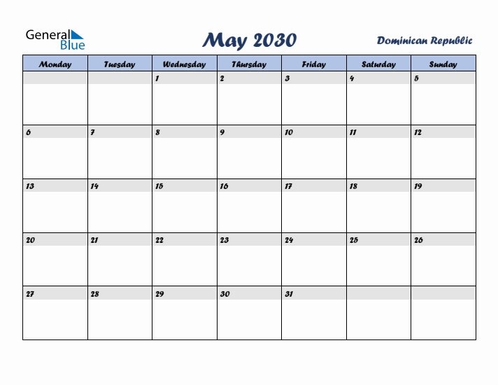 May 2030 Calendar with Holidays in Dominican Republic
