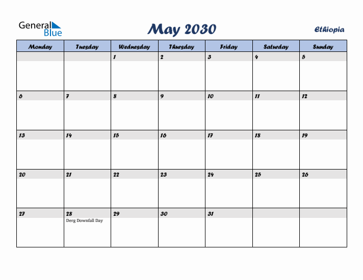 May 2030 Calendar with Holidays in Ethiopia
