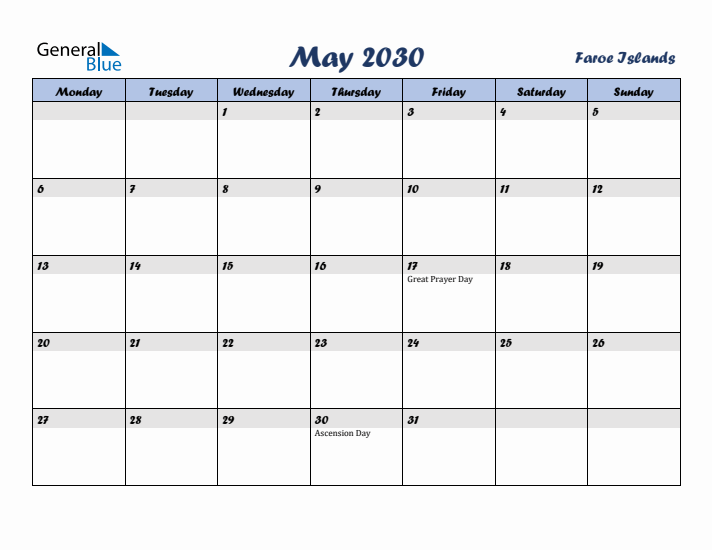May 2030 Calendar with Holidays in Faroe Islands
