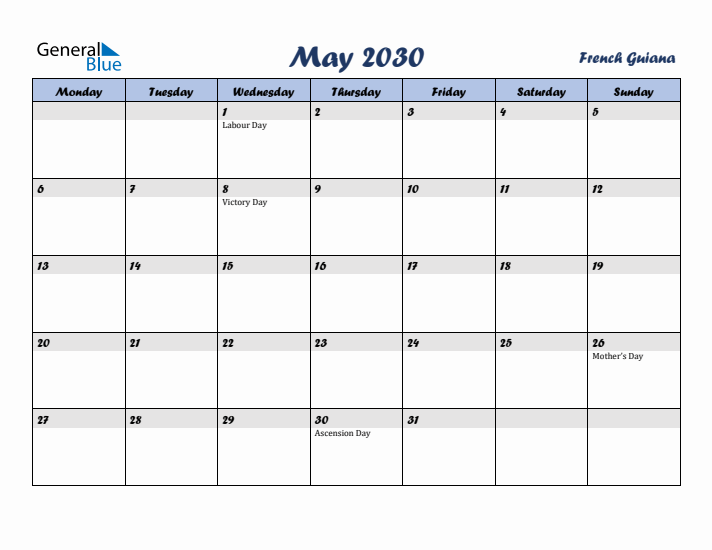 May 2030 Calendar with Holidays in French Guiana