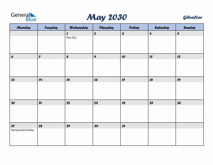 May 2030 Calendar with Holidays in Gibraltar