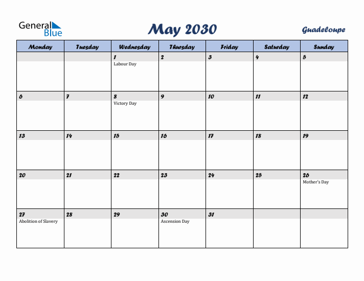 May 2030 Calendar with Holidays in Guadeloupe