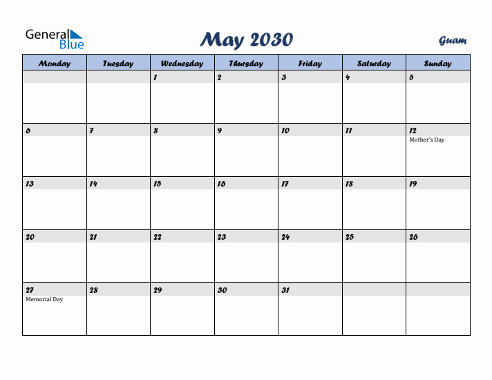 May 2030 Calendar with Holidays in Guam
