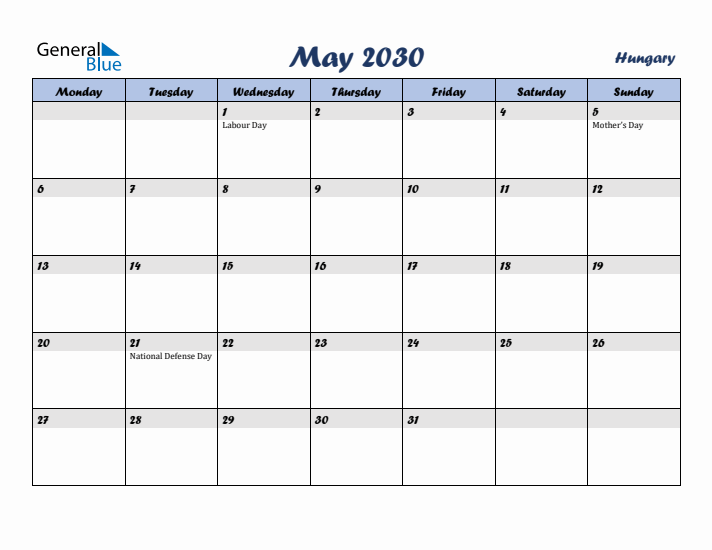 May 2030 Calendar with Holidays in Hungary
