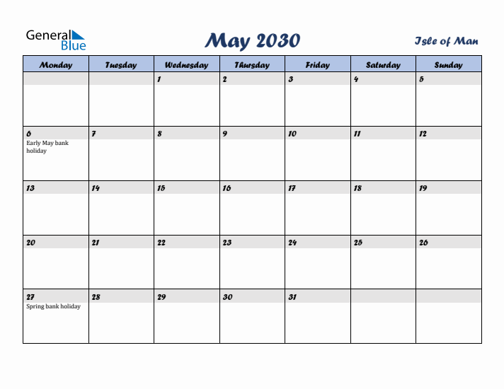 May 2030 Calendar with Holidays in Isle of Man