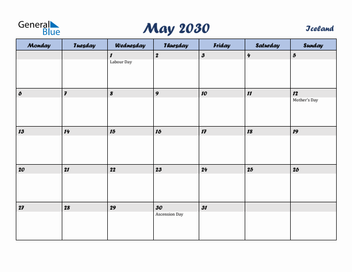 May 2030 Calendar with Holidays in Iceland