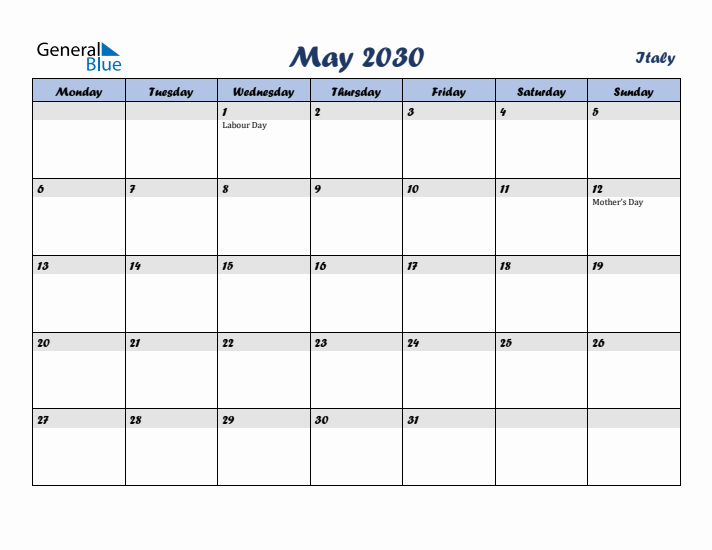May 2030 Calendar with Holidays in Italy