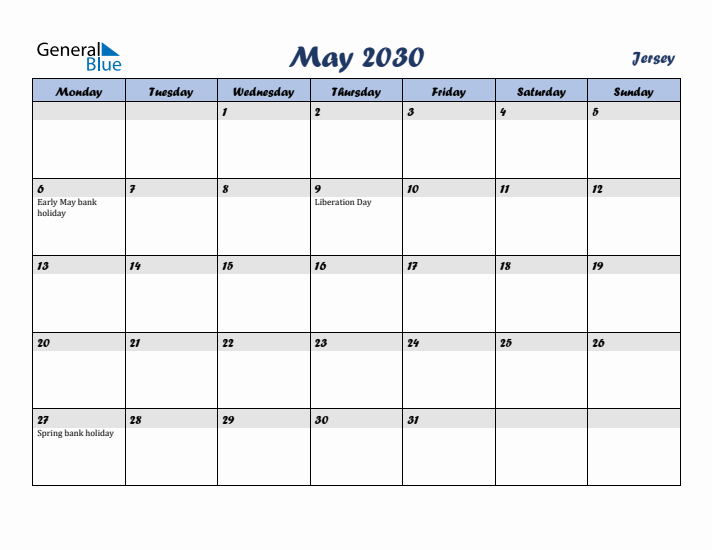May 2030 Calendar with Holidays in Jersey