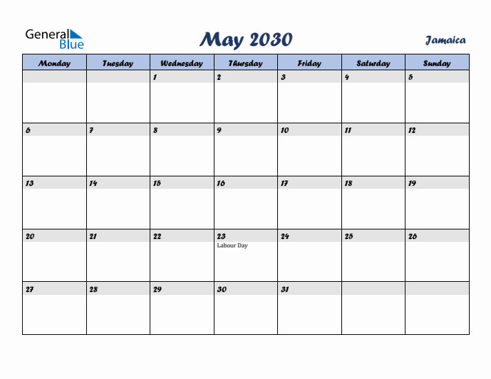 May 2030 Calendar with Holidays in Jamaica