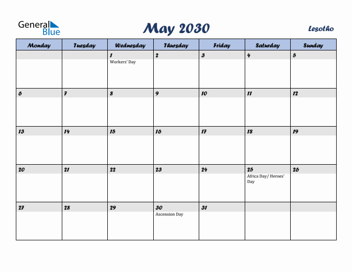 May 2030 Calendar with Holidays in Lesotho