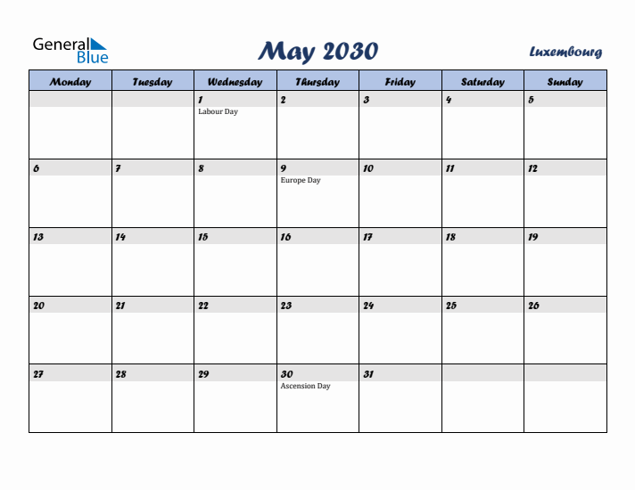 May 2030 Calendar with Holidays in Luxembourg