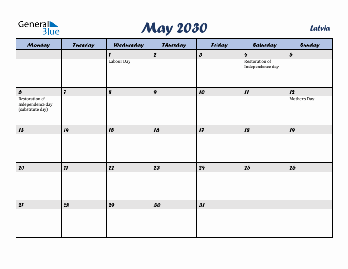 May 2030 Calendar with Holidays in Latvia