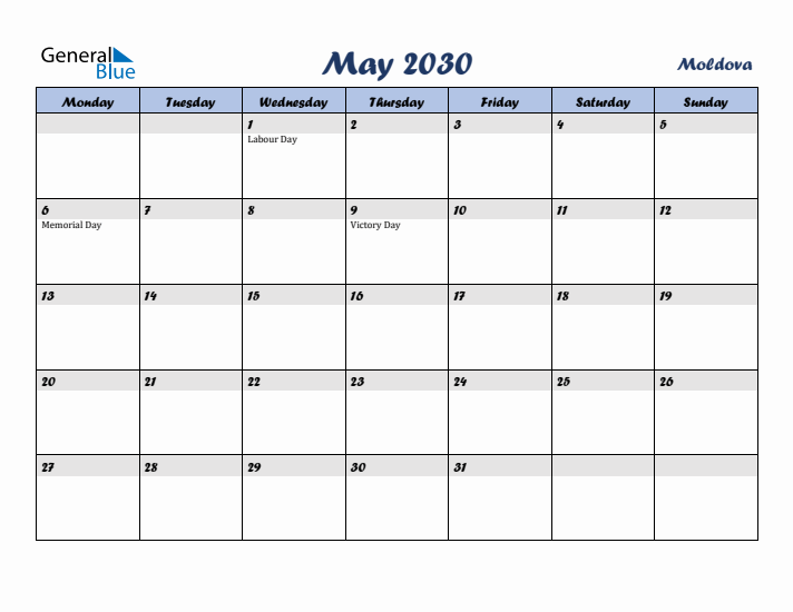 May 2030 Calendar with Holidays in Moldova