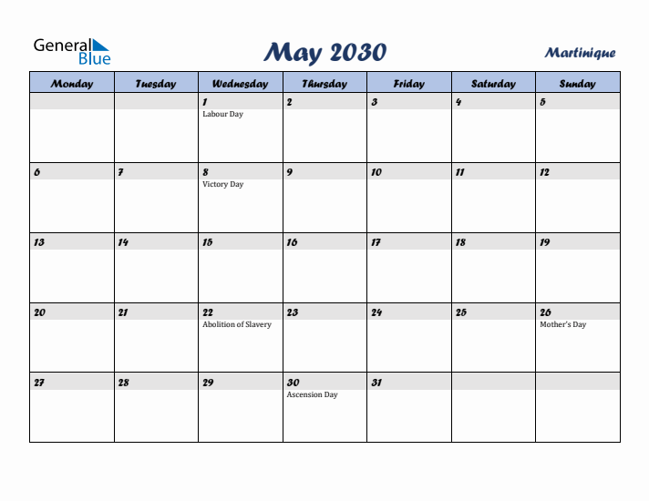 May 2030 Calendar with Holidays in Martinique