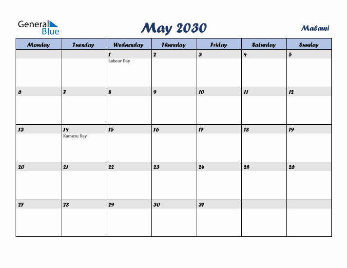 May 2030 Calendar with Holidays in Malawi
