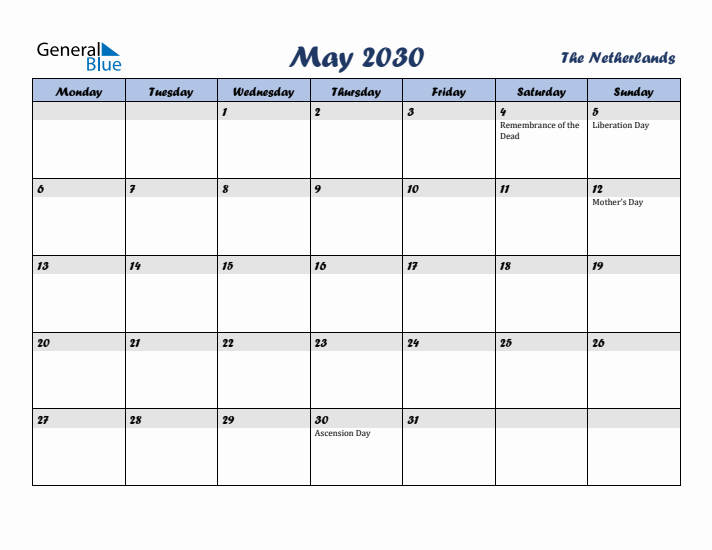 May 2030 Calendar with Holidays in The Netherlands