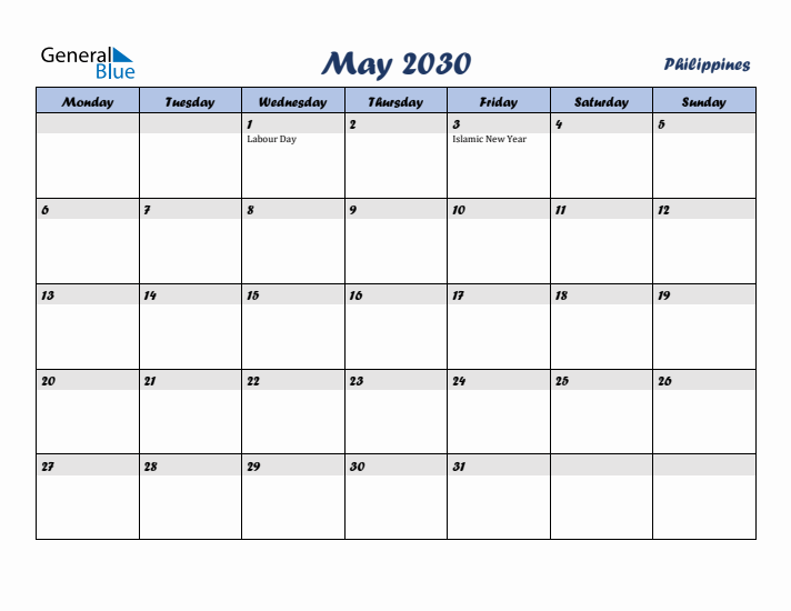 May 2030 Calendar with Holidays in Philippines