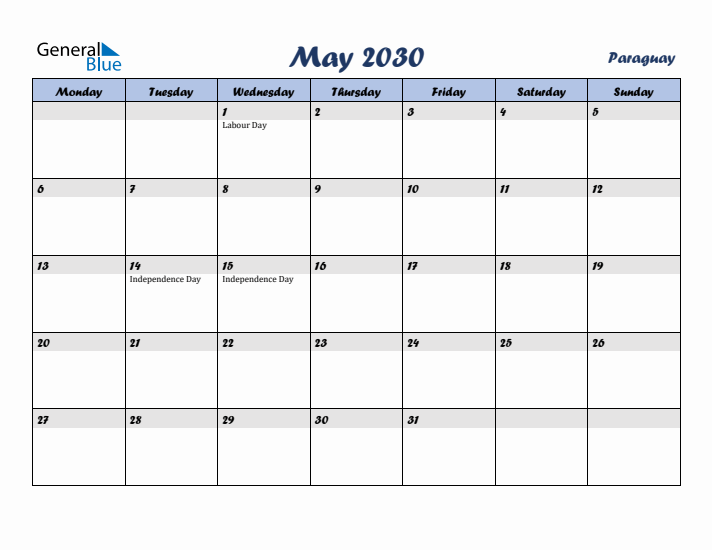 May 2030 Calendar with Holidays in Paraguay