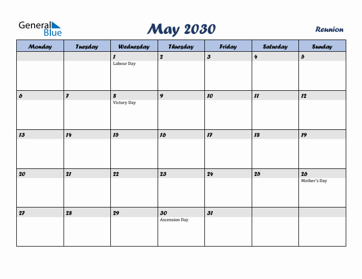 May 2030 Calendar with Holidays in Reunion