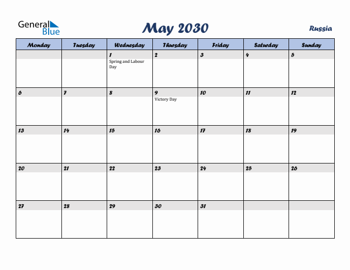 May 2030 Calendar with Holidays in Russia