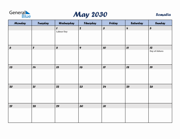 May 2030 Calendar with Holidays in Somalia