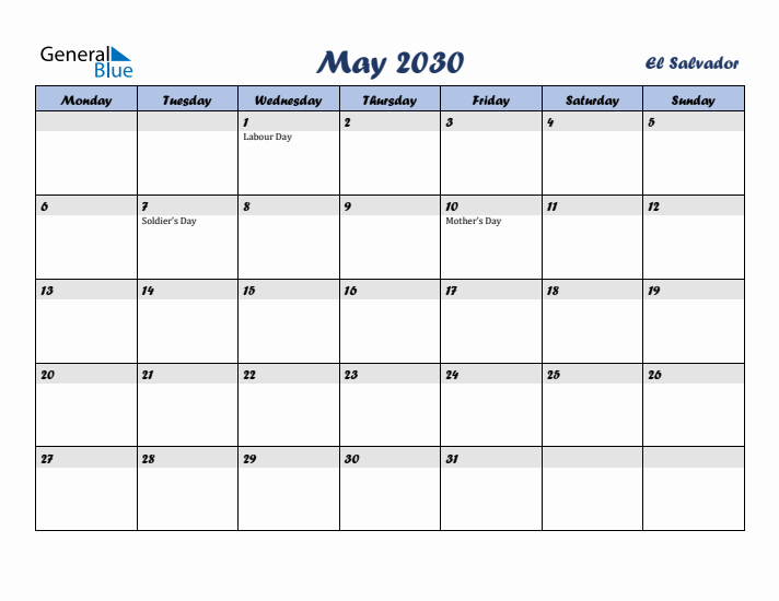 May 2030 Calendar with Holidays in El Salvador