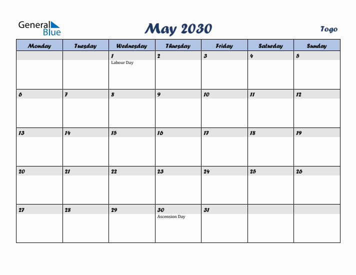May 2030 Calendar with Holidays in Togo