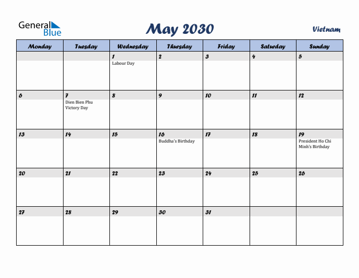 May 2030 Calendar with Holidays in Vietnam