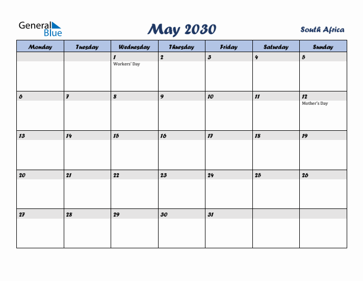 May 2030 Calendar with Holidays in South Africa