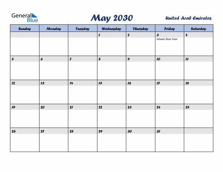 May 2030 Calendar with Holidays in United Arab Emirates