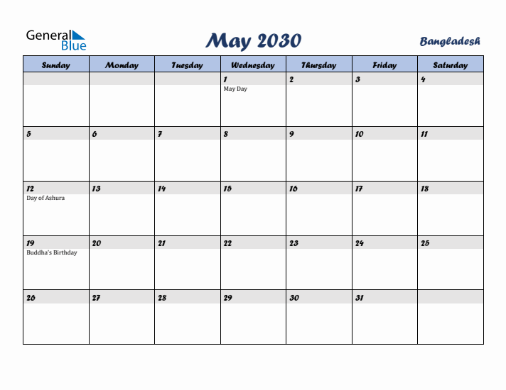 May 2030 Calendar with Holidays in Bangladesh
