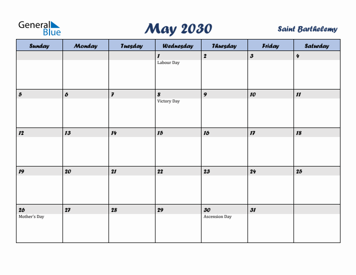 May 2030 Calendar with Holidays in Saint Barthelemy