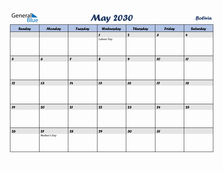 May 2030 Calendar with Holidays in Bolivia