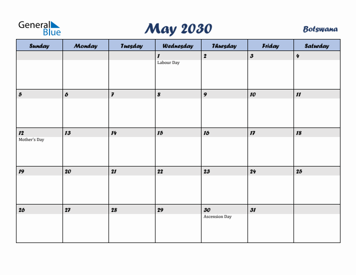 May 2030 Calendar with Holidays in Botswana