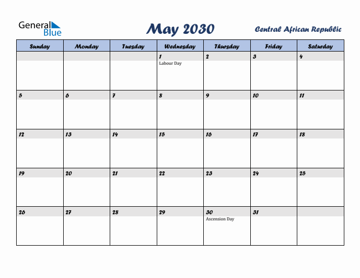 May 2030 Calendar with Holidays in Central African Republic
