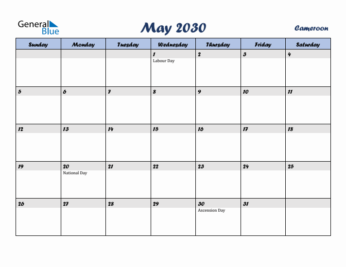 May 2030 Calendar with Holidays in Cameroon