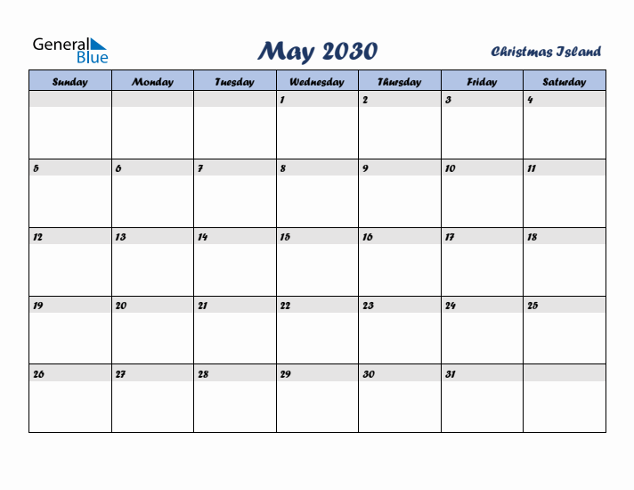 May 2030 Calendar with Holidays in Christmas Island