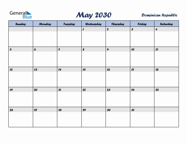 May 2030 Calendar with Holidays in Dominican Republic