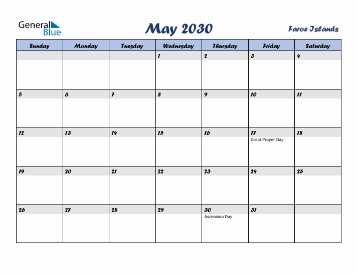 May 2030 Calendar with Holidays in Faroe Islands