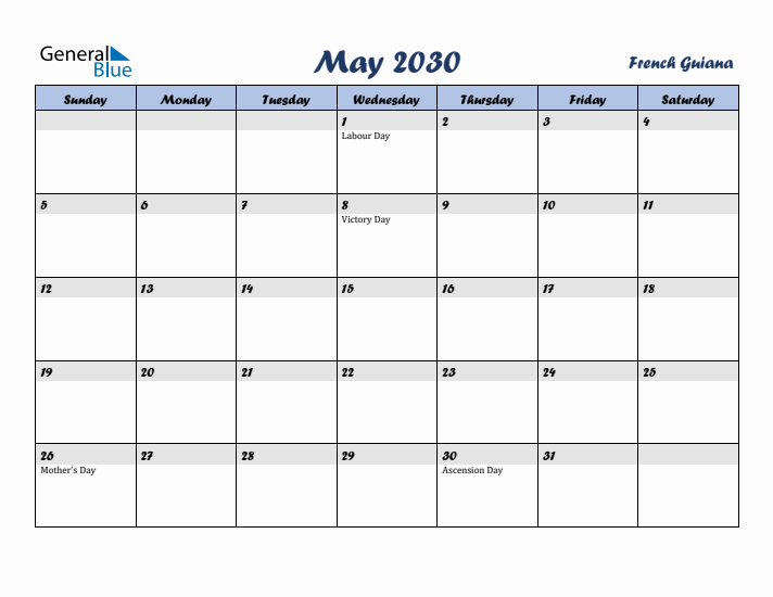 May 2030 Calendar with Holidays in French Guiana