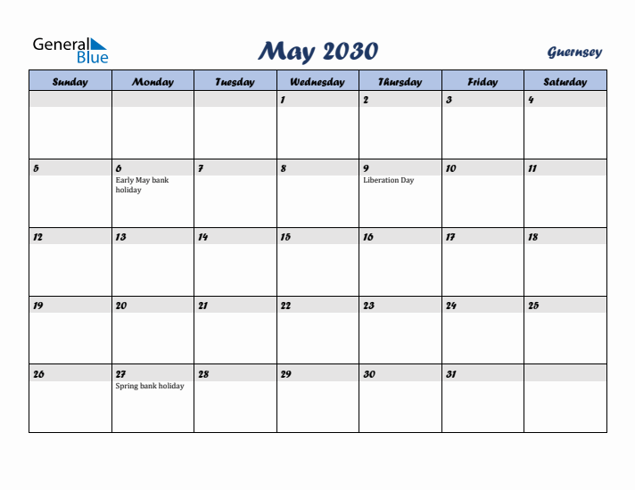 May 2030 Calendar with Holidays in Guernsey
