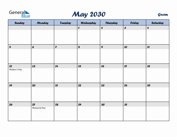 May 2030 Calendar with Holidays in Guam